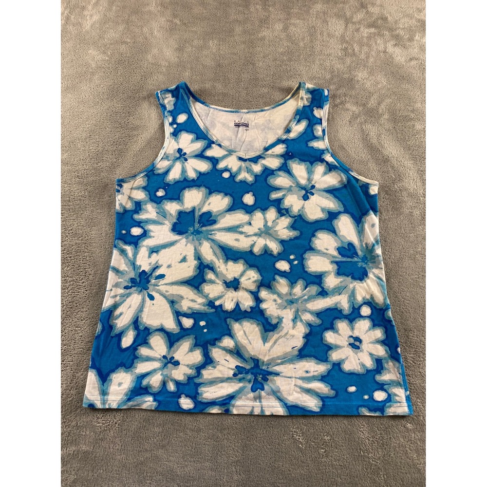 Basic Editions Womens Blue White Floral Hibiscus V-Neck Tank Top Size M